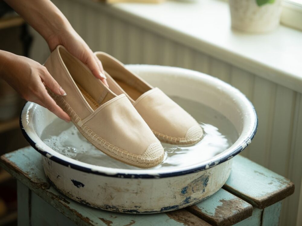 czyste espadryle w misce z wodą