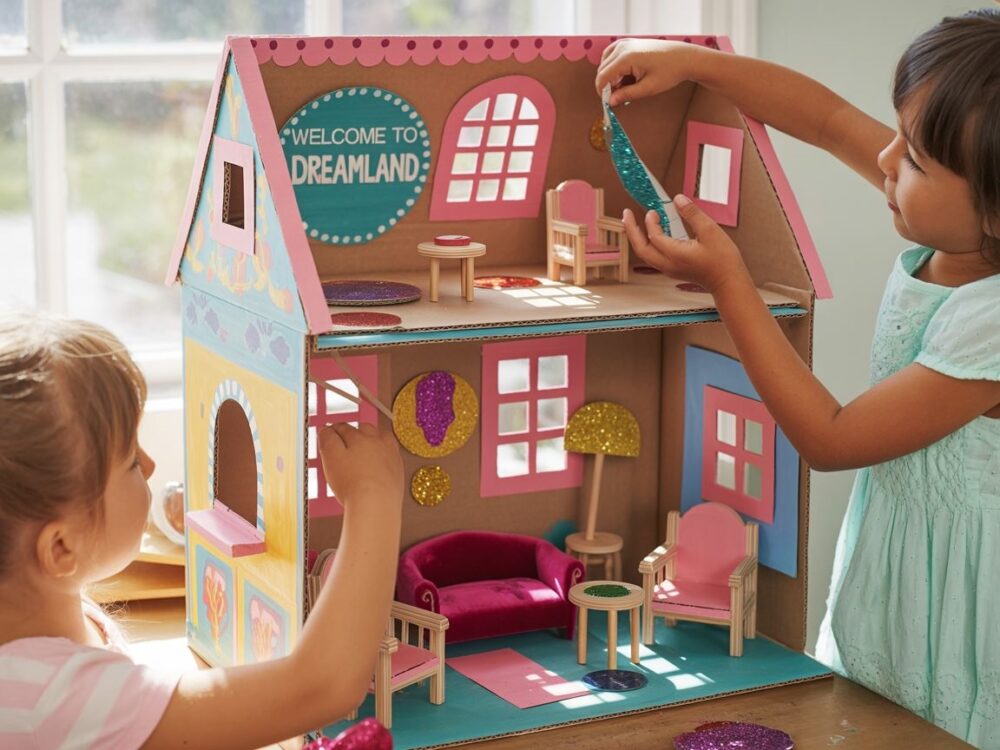 dzieci robią domek z kartonu