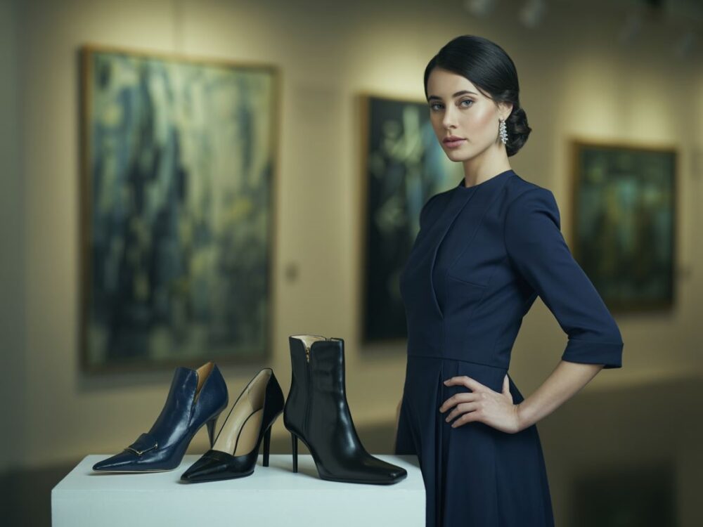 granatowa sukienka i srebrne sandały