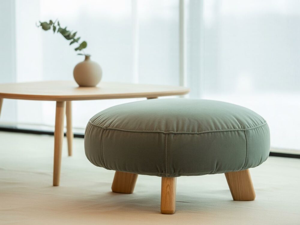 jasna pufa na drewnianych nogach