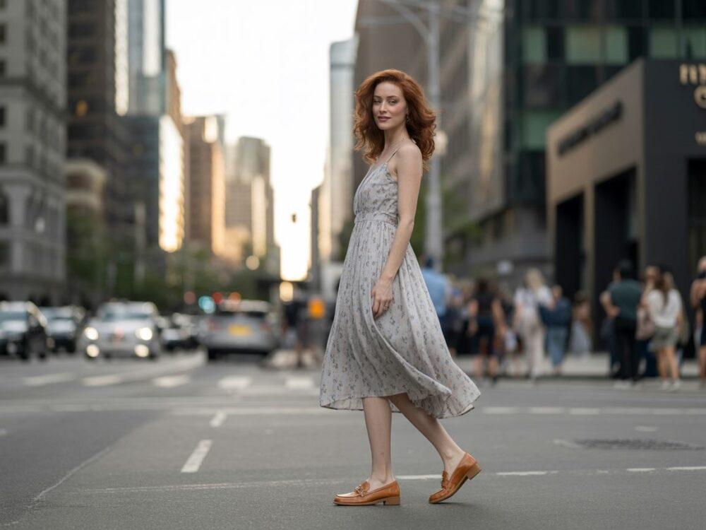 kobieta w sukience i mokasynach