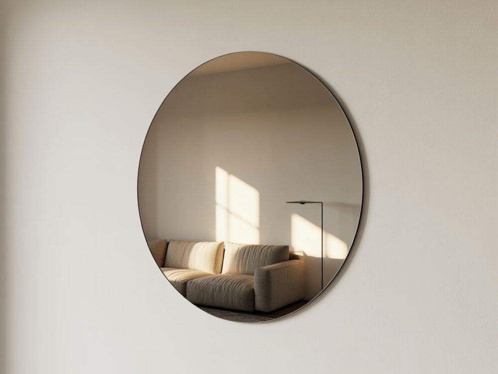 okrągłe lustro z ściętym bokiem