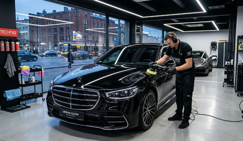 Polerowanie czarnego samochodu w studiu detailingowym